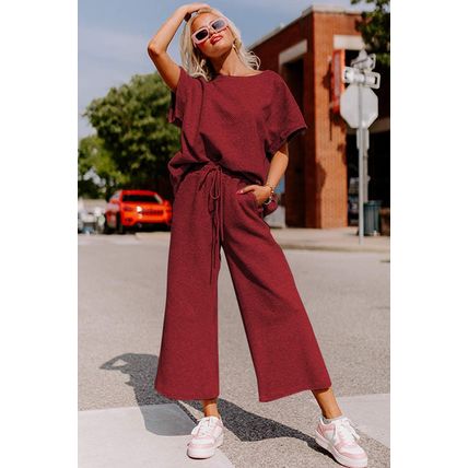 Red Dahlia Textured Loose Fit T Shirt and Drawstring Pants Set