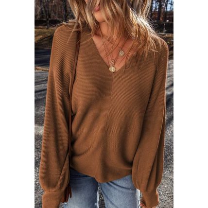 Camel Ribbed Knit Drop Sleeve V Neck Loose Fit Sweater