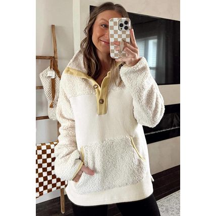 Beige Fleece Colorblock Trim Buttons Collar Sweatshirt with Pocket