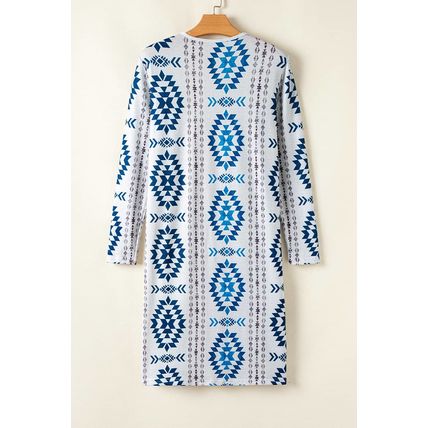 Sky Blue Western Aztec Printed Open Front Long Cardigan