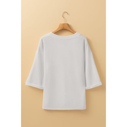 White Solid Color Corded Drop Shoulder 3/4 Sleeve V Neck Top
