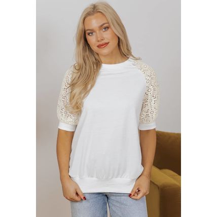 White Lace Crochet Short Sleeve Round Neck T Shirt