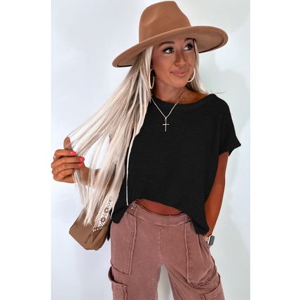Black Solid Color Sweater Tee with Side Slits