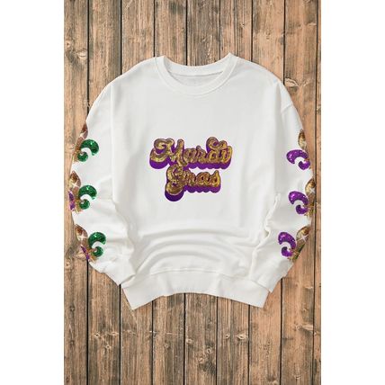 Beige Sequin Mardi Gras Patched Pattern Fleur de Lis Sleeve Sweatshirt