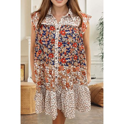 Beige Plus Size Floral Patchwork Button Front Collared Mini Dress