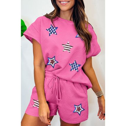 Strawberry Pink Solid Color Textured Sequined American Star Patched Short 2pcs O