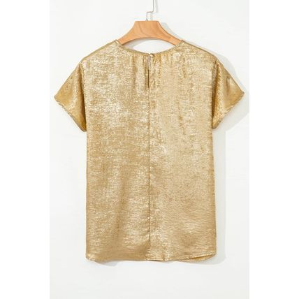 Gold Glossy Round Neck Pleated Detail Short Sleeve Blouse