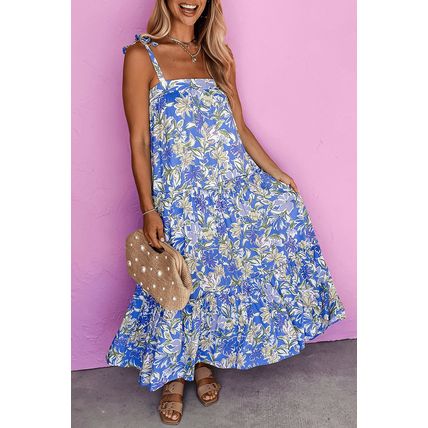 Sky Blue Floral Print Self-tie Straps Flowy Ruffle Long Dress