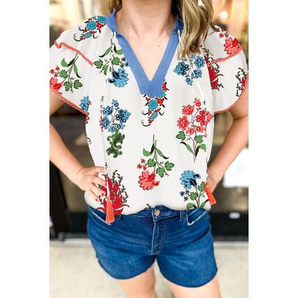 White Floral Print Contrast V Neck Tassel Tie Lace Detail Short Sleeve Blouse