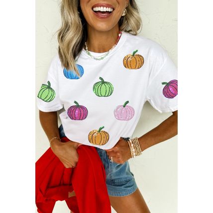 White Sequin Pumpkin Patched Cotton Blend T Shirt