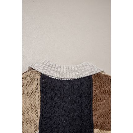 Multicolour Color Block Cable Knit Sleeve Buttons Collared Sweater