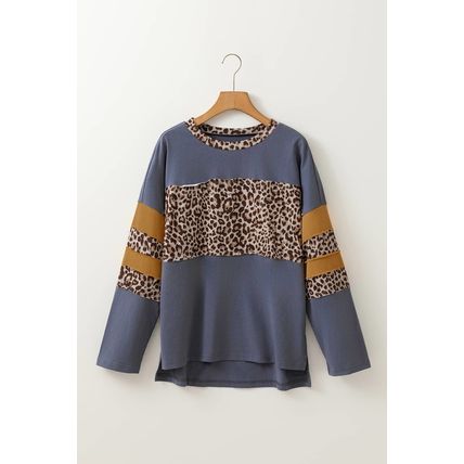 Dark Blue Leopard Colorblock Patchwork Long Sleeve Drop Shoulder Top