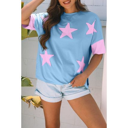 Myosotis Frayed Denim Star Patched Oversize T Shirt