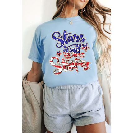 Light Blue Stars and Stripes Graphic July 4th Patriotic Tee
