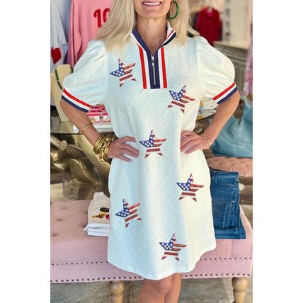 White July 4th Sequined USA Flag Star Patched Textured Collared T Shirt Dress
