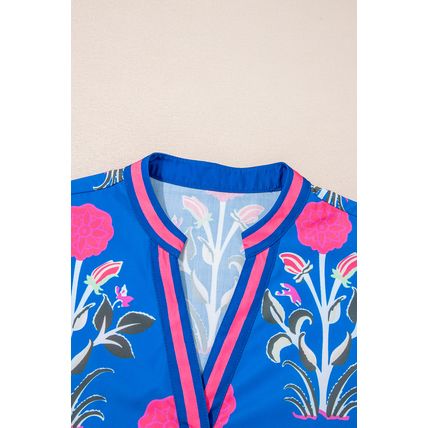 Blue Floral Print Contrast Striped Trim Notched Neck Long Sleeve Blouse