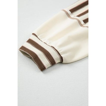 Khaki Stripe Stitched Detail Color Block Patchwork Oversized Pullover Top