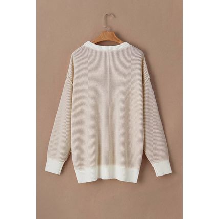Brown Stripe Plus Size Contrast Trim Crew Neck Rib Knit Drop Shoulder Sweater