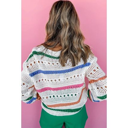 White Color Block Striped Pointelle Knit Sweater
