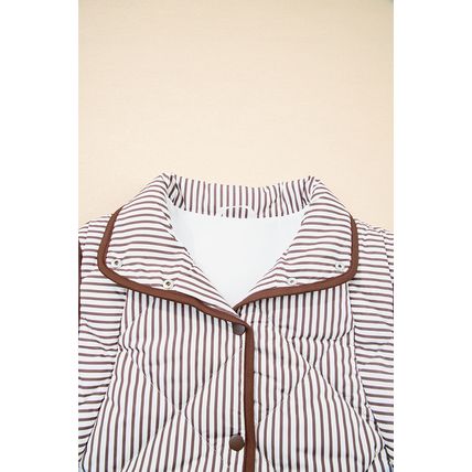 Brown Stripe Snap Button Scalloped Hem Collared Winter Vest