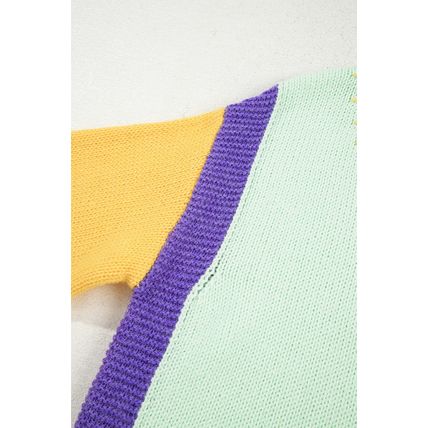 Green Stitched V Neck Color Block Knitted Drop Shoulder Sweater