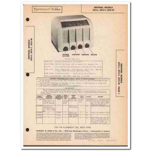 sentinel model 302-i 302-t 302-w am fm radio sams photofact manual