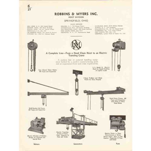 robbins myers inc 1936 electric hand hoists trolleys vintage catalog