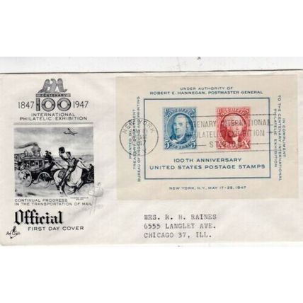 United States 1947 Centenary of United States Stamps Sheet FDC New York cancel