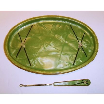 Antique Green French Ivory Celluloid Dresser Tray and Matching Button Hook