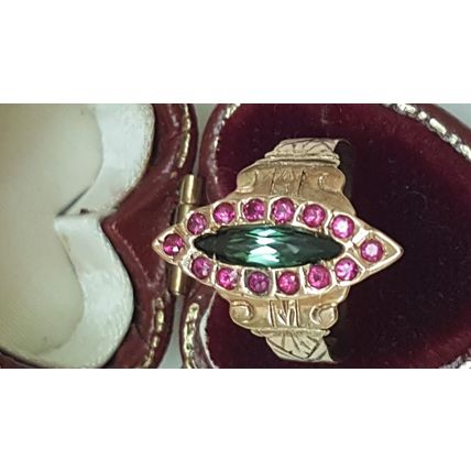 Antique Edwardian 14k Gold Ring: Genuine Rubies & Green Tourmaline 1860's