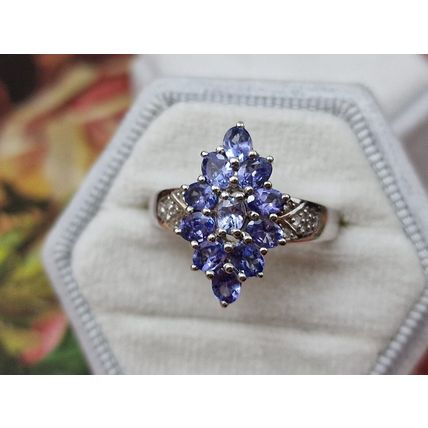 Natural Tanzanite Zircon Rhombus Cluster Ring Sz P½ Platinum Overlay 925 Silver
