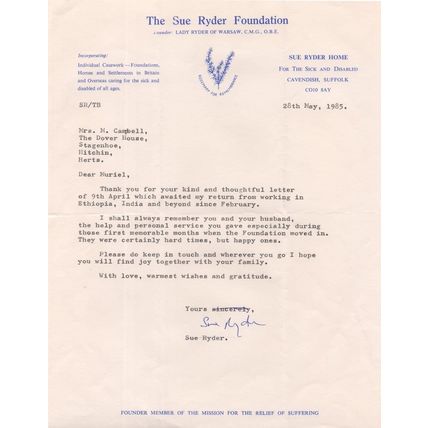 Baroness Sue Ryder Warsaw Official Hand Signed Suffolk Autograph Letter