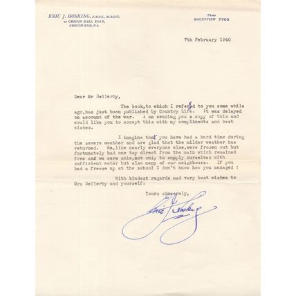 Eric Hosking Historic London Bird Photographer WW2 Hand Signed Letter