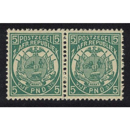 Transvaal £5 Deep Green pair REPRINT perf 12½ 1892 MNH SG#187