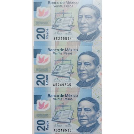 Mexico UNCIRCULATED $20 Pesos polymer 2018 Benito Juárez. Lot of 3 consecutive