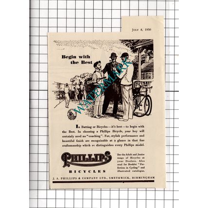 Phillips Bicycles J A Phillips & Co Birmingham Cricket - 1950 Small Advert
