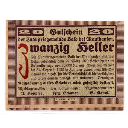 1920 Austria Mauthausen Notgeld 20 Heller Note (1441)