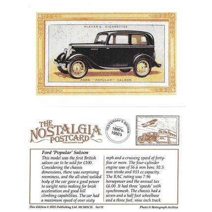 Postcard Ford Popular Saloon Motor Car Players Cigarette Card 1936 - Nostalgia