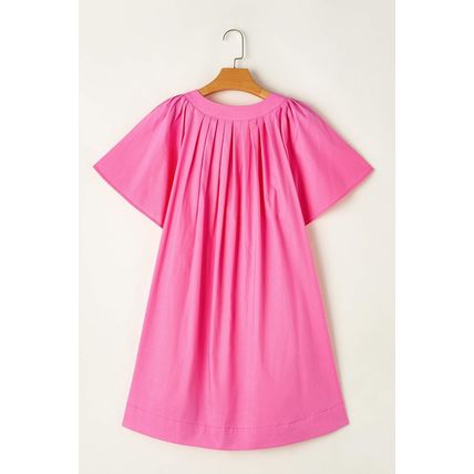 Bonbon Split V Neck Short Flutter Sleeve Pleated Shift Dress