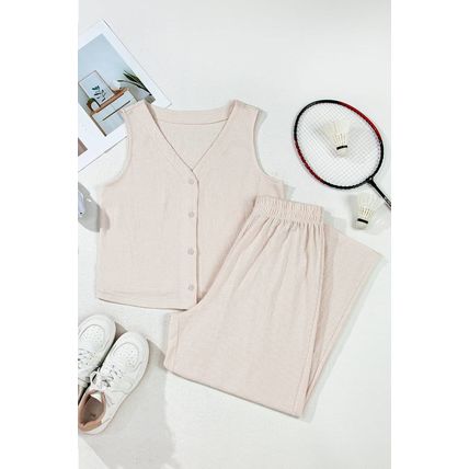 Apricot Buttoned V Neck Tank Top and Wide Leg Pants Casual Outfit