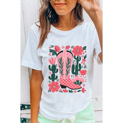 White Western Boots Flower Print Round Neck T Shirt