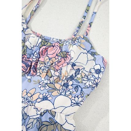 Sky Blue Floral Tiered Patchwork Spaghetti Strap Vacation Dress