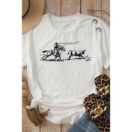 White Western Rodeo Graphic Casual T Shirt