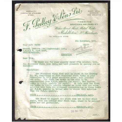 F PEDLEY & SONS LTD,WATER ST SHEET METAL WORKS ,MIDDLETON, MANCHESTER, 6NOV1951