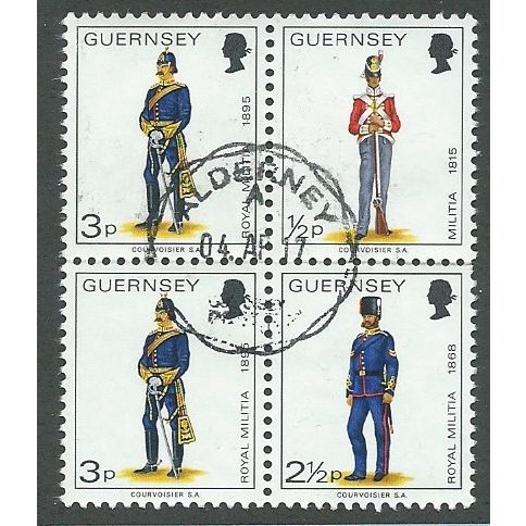 GUE 1974 SE~TE BLOCK OF 4 'GUERNSEY MILITIA' FINE USED (EBID49-992)