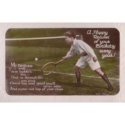 Boy Playing Tennis Court Wild Socks Happy Return Serve Birthday RPC Old Postcard