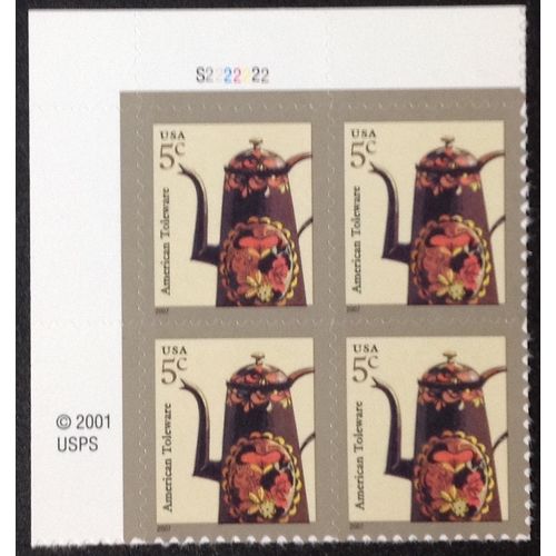 US Stamp #3756a mint: 2008 5c American Toleware - s/a MNH plate block