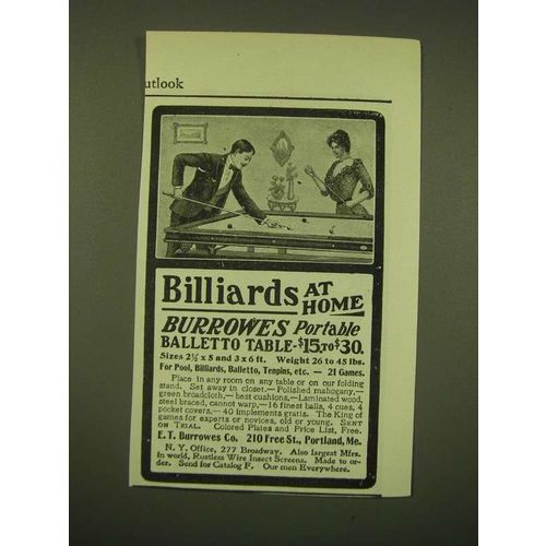 1902 Burrowes Portable Balletto Table Ad - Billiards at home