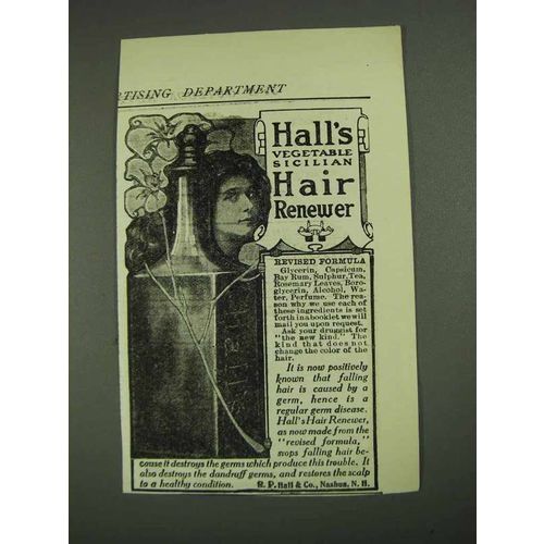 1908 Hall's Vegetable Sicilian Hair Renewer Ad