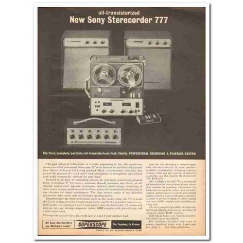 SUPERSCOPE INC 1960 Sony Sterecorder 777 Tape Recorder vintage ad